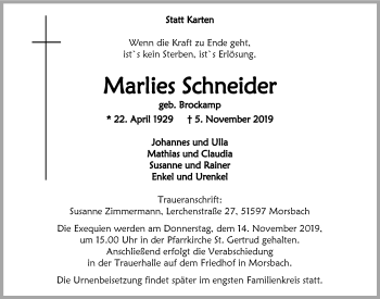 Anzeige von Marlies Schneider von  Anzeigen Echo 