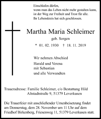 Anzeige von Martha Maria Schleimer von Kölner Stadt-Anzeiger / Kölnische Rundschau / Express