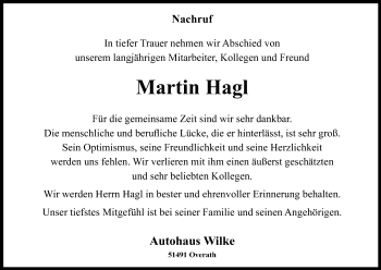 Anzeige von Martin Hagl von Kölner Stadt-Anzeiger / Kölnische Rundschau / Express