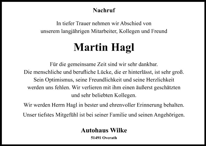  Traueranzeige für Martin Hagl vom 14.11.2019 aus Kölner Stadt-Anzeiger / Kölnische Rundschau / Express