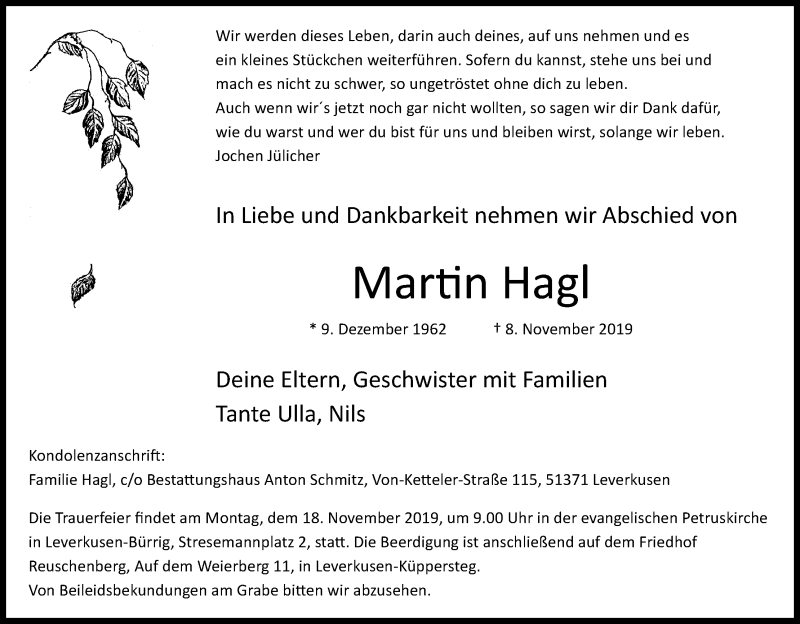  Traueranzeige für Martin Hagl vom 14.11.2019 aus Kölner Stadt-Anzeiger / Kölnische Rundschau / Express