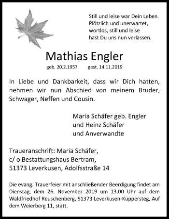 Anzeige von Mathias Engler von Kölner Stadt-Anzeiger / Kölnische Rundschau / Express