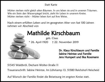 Anzeige von Mathilde Kirschbaum von Kölner Stadt-Anzeiger / Kölnische Rundschau / Express
