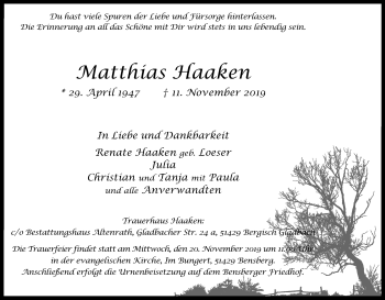 Anzeige von Matthias Haaken von Kölner Stadt-Anzeiger / Kölnische Rundschau / Express
