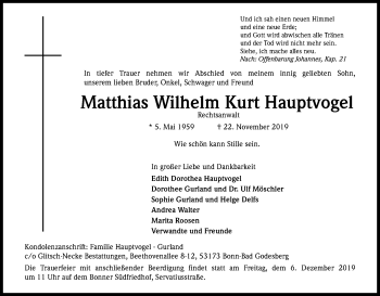 Anzeige von Matthias Wilhelm Kurt Hauptvogel von Kölner Stadt-Anzeiger / Kölnische Rundschau / Express