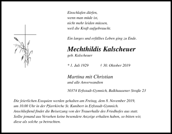 Anzeige von Mechthildis Kalscheuer von Kölner Stadt-Anzeiger / Kölnische Rundschau / Express