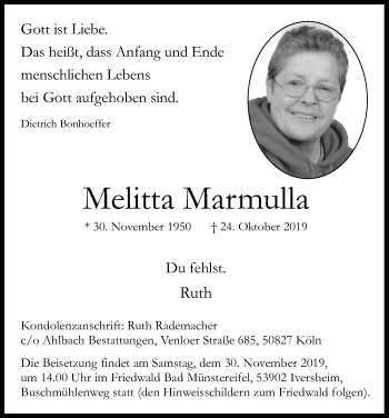 Anzeige von Melitta Marmulla von Kölner Stadt-Anzeiger / Kölnische Rundschau / Express