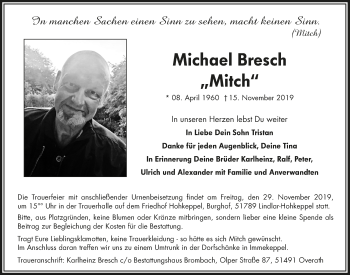 Anzeige von Michael Bresch von  Bergisches Handelsblatt 