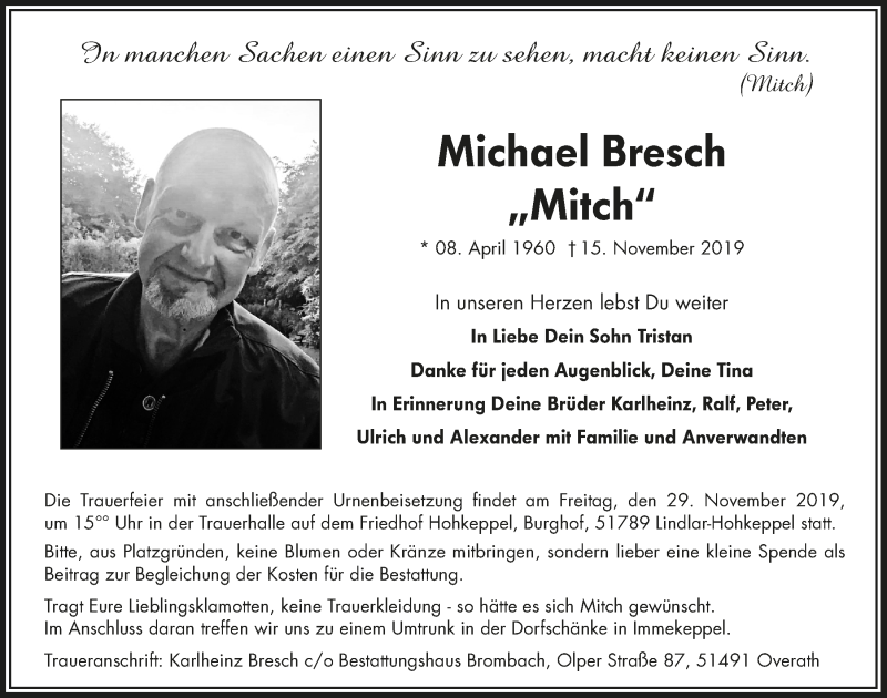  Traueranzeige für Michael Bresch vom 20.11.2019 aus  Bergisches Handelsblatt 