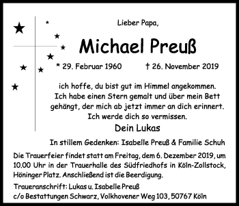 Anzeige von Michael Preuß von Kölner Stadt-Anzeiger / Kölnische Rundschau / Express