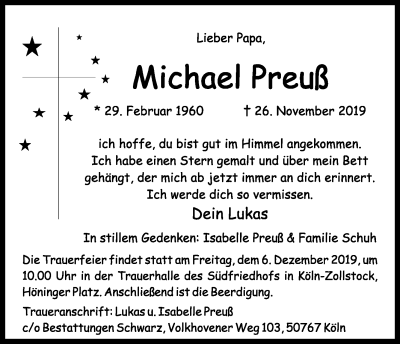  Traueranzeige für Michael Preuß vom 30.11.2019 aus Kölner Stadt-Anzeiger / Kölnische Rundschau / Express