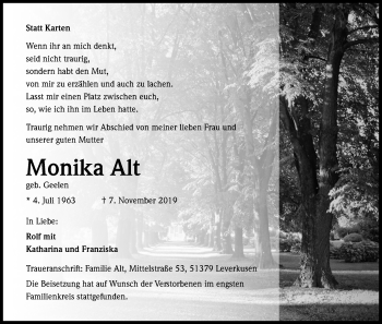 Anzeige von Monika Alt von Kölner Stadt-Anzeiger / Kölnische Rundschau / Express