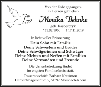 Anzeige von Monika Behnke von  Lokalanzeiger 