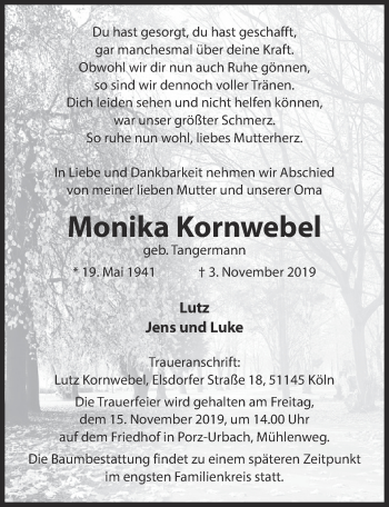Anzeige von Monika Kornwebel von  Kölner Wochenspiegel 