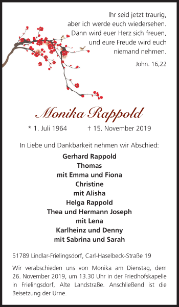 Anzeige von Monika Rappold von Kölner Stadt-Anzeiger / Kölnische Rundschau / Express