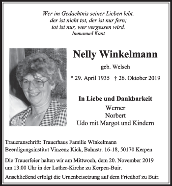 Anzeige von Nelly Winkelmann von  Sonntags-Post 