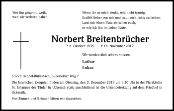 Anzeige von Norbert Breitenbrücher von Kölner Stadt-Anzeiger / Kölnische Rundschau / Express