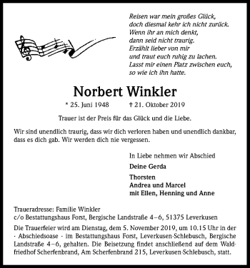 Anzeige von Norbert Winkler von Kölner Stadt-Anzeiger / Kölnische Rundschau / Express