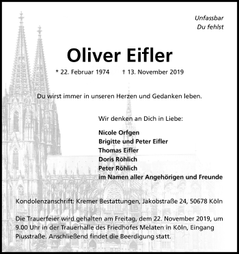 Anzeige von Oliver Eifler von Kölner Stadt-Anzeiger / Kölnische Rundschau / Express