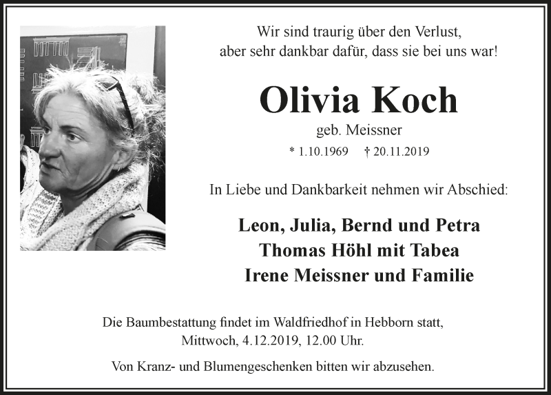  Traueranzeige für Olivia Koch vom 30.11.2019 aus  Bergisches Sonntagsblatt 