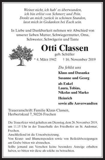 Anzeige von Otti Classen von  Wochenende 