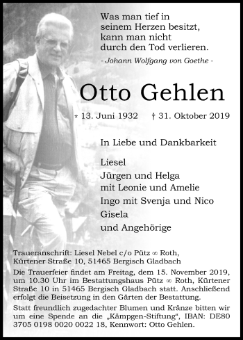 Anzeige von Otto Gehlen von Kölner Stadt-Anzeiger / Kölnische Rundschau / Express