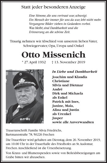 Anzeige von Otto Missenich von  Sonntags-Post 