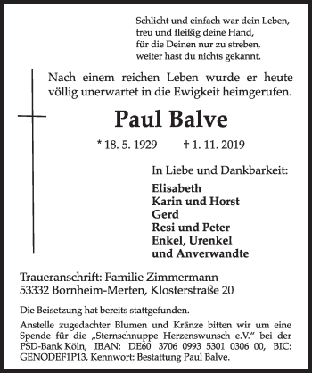 Anzeige von Paul Balve von  Kölner Wochenspiegel  Schlossbote/Werbekurier 