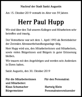 Anzeige von Paul Hupp von Kölner Stadt-Anzeiger / Kölnische Rundschau / Express