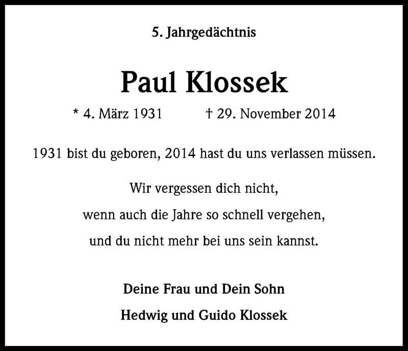  Traueranzeige für Paul Klossek vom 18.07.2023 aus Kölner Stadt-Anzeiger / Kölnische Rundschau / Express