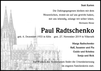 Anzeige von Paul Radtschenko von Kölner Stadt-Anzeiger / Kölnische Rundschau / Express