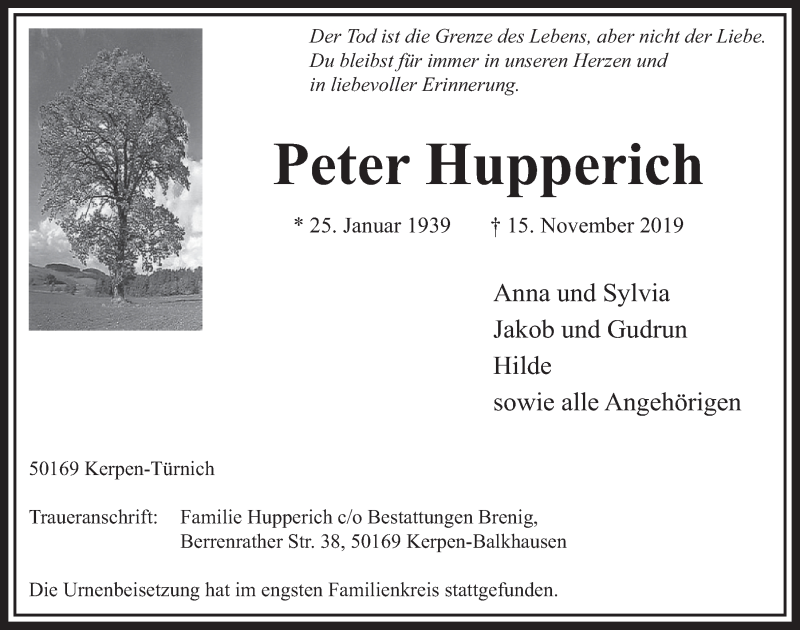  Traueranzeige für Peter Hupperich vom 23.11.2019 aus  Sonntags-Post 