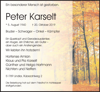 Anzeige von Peter Karselt von Kölner Stadt-Anzeiger / Kölnische Rundschau / Express