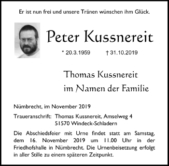 Anzeige von Peter Kussnereit von  Lokalanzeiger 