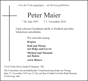 Anzeige von Peter Maier von  Kölner Wochenspiegel 