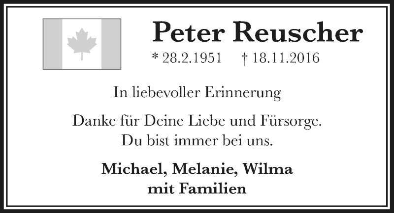  Traueranzeige für Peter Reuscher vom 16.11.2019 aus  Bergisches Sonntagsblatt 