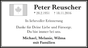 Anzeige von Peter Reuscher von  Bergisches Sonntagsblatt 