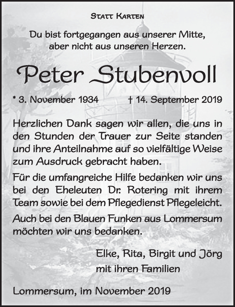  Traueranzeige für Peter Stubenvoll vom 02.11.2019 aus  Blickpunkt Euskirchen 