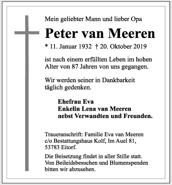 Anzeige von Peter van Meeren von Kölner Stadt-Anzeiger / Kölnische Rundschau / Express