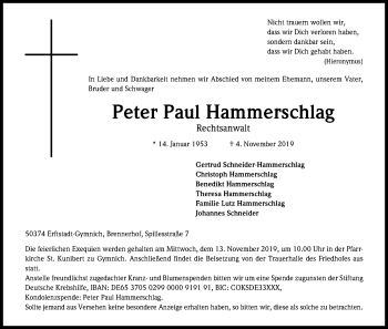 Anzeige von Peter Paul Hammerschlag von Kölner Stadt-Anzeiger / Kölnische Rundschau / Express