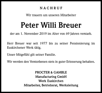 Anzeige von Peter Willi Breuer von Kölner Stadt-Anzeiger / Kölnische Rundschau / Express