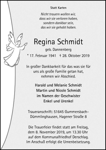 Anzeige von Regina Schmidt von  Anzeigen Echo 