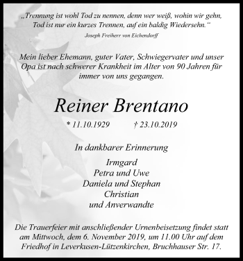Anzeige von Reiner Brentano von Kölner Stadt-Anzeiger / Kölnische Rundschau / Express