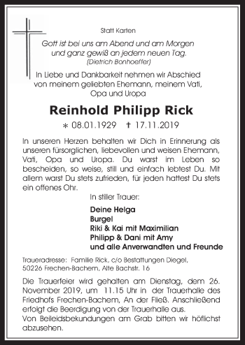 Anzeige von Reinhold Philipp Rick von  Wochenende 
