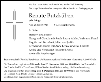 Anzeige von Renate Butzküben von Kölner Stadt-Anzeiger / Kölnische Rundschau / Express