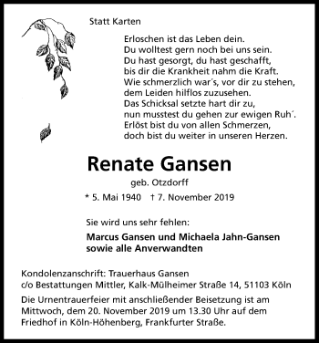 Anzeige von Renate Gansen von Kölner Stadt-Anzeiger / Kölnische Rundschau / Express