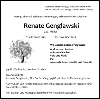 Anzeige von Renate Genglawski von Kölner Stadt-Anzeiger / Kölnische Rundschau / Express