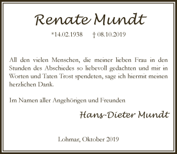 Anzeige von Renate Mundt von  Rhein-Sieg-Wochenende 