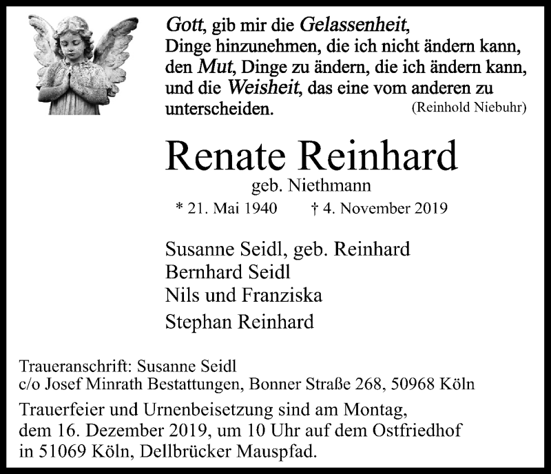  Traueranzeige für Renate Reinhard vom 23.11.2019 aus Kölner Stadt-Anzeiger / Kölnische Rundschau / Express