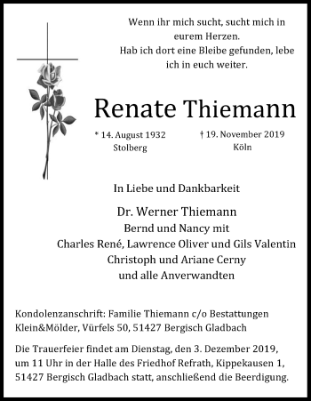 Anzeige von Renate Thiemann von Kölner Stadt-Anzeiger / Kölnische Rundschau / Express